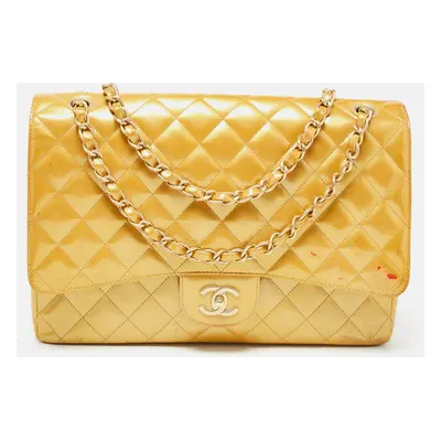 Chanel Gold Quilted Patent Leather Maxi Classic Single Flap Bag