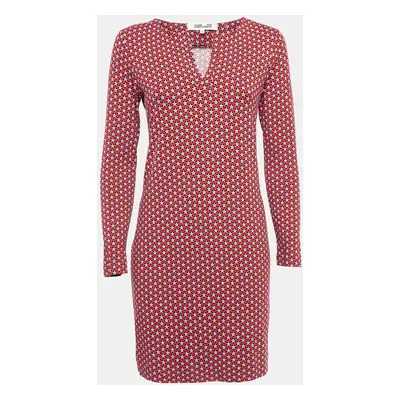 Diane Von Furstenberg Red Printed Knit Full Sleeves Mini Dress