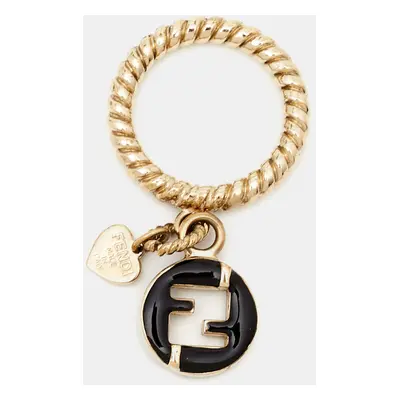 Fendi FF Black Enamel Charm Gold Tone Ring Size