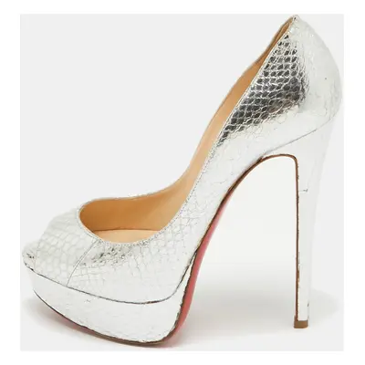 Christian Louboutin Silver Snakeskin Embossed Leather Lady Peep Pumps Size