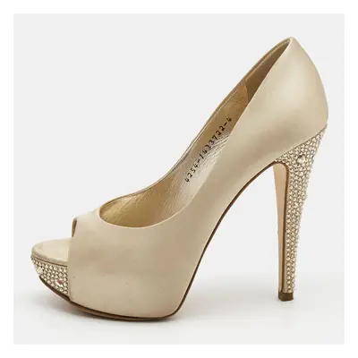 Gina Beige Satin Crystal Embellished Heel Peep Toe Platform Pumps Size