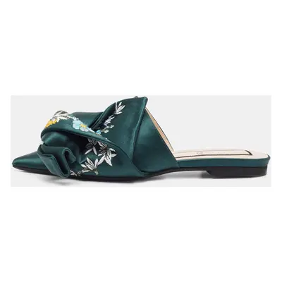 N21 Green Satin Floral Embroidered Knot Flat Slides Size