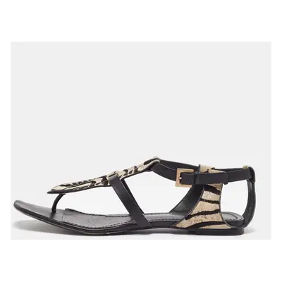 Givenchy Black Zebra Calfhair and Leather Thong Sandals Size