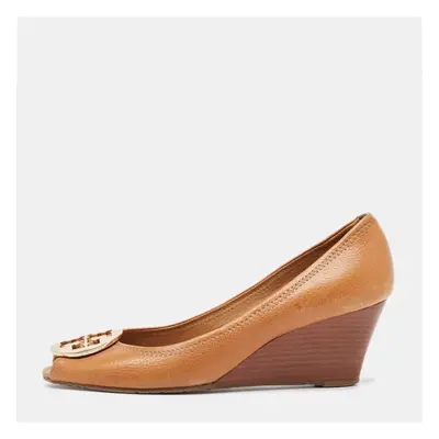 Tory Burch Brown Leather Julianne Peep Toe Wedge Pumps Size