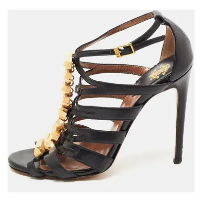 Roberto Cavalli Brown/Gold Leather Crystal Embellished Ankle Strap Sandals Size