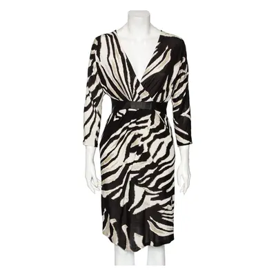 Roberto Cavalli Monochrome Printed Jersey & Leather Detailed Draped Dress