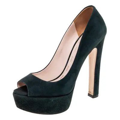 Miu Miu Dark Green Suede Peep Toe Platform Pumps Size