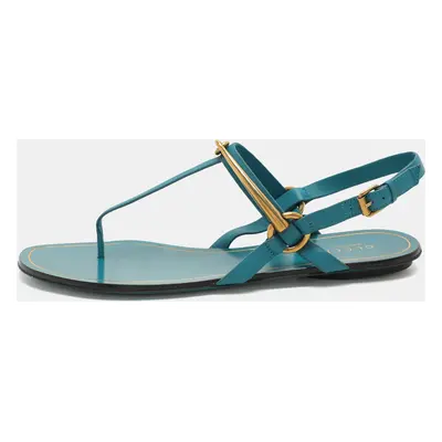 Gucci Deep Cobalt Leather Thong Ankle Strap Flat Sandals Size