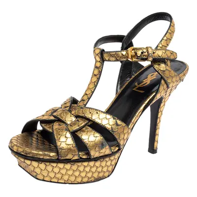 Saint Laurent Gold Python Embossed Leather Tribute Platform Ankle Strap Sandals Size