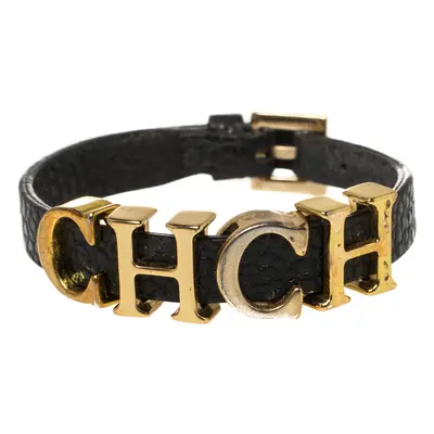 Carolina Herrera Black Leather Gold Tone Adriana Bracelet