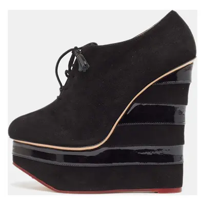 Charlotte Olympia Black Suede and Patent Leather Martha Wedge Booties Size 39.5