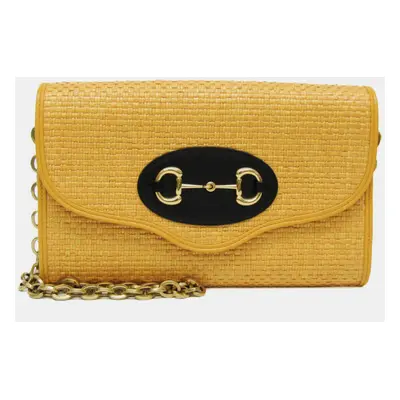 Gucci Yellow Raffia Small Horsebit Curved Flap Shoulder Bag