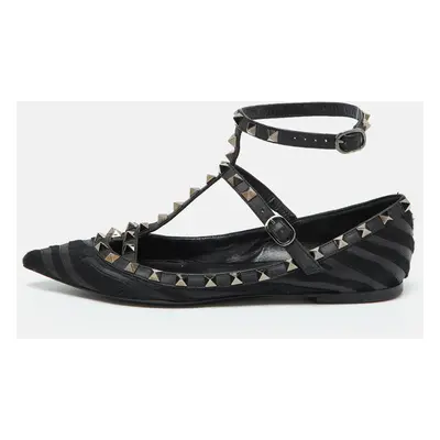 Valentino Black Calf Hair and Leather Rockstud Ankle Strap Ballet Flats Size