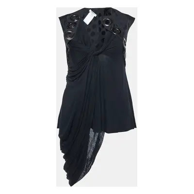 Givenchy Black Jersey and Silk Grommet Detail Asymmetric Top