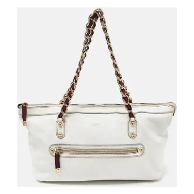 Gucci White Leather Front Zip Chain Tote