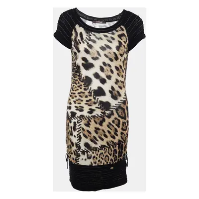 Roberto Cavalli Multicolor Animal printed Jersey & Wool Knit Ruched Mini Dress