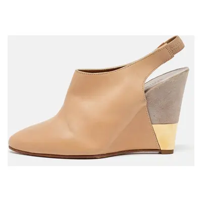 Chloe Beige/Grey Leather and Suede Wedge Slingback Pumps Size