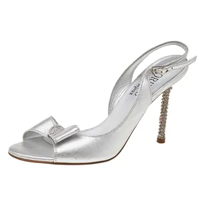 Loriblu Metallic Silver Leather Crystal Embellished Ankle Strap Sandals Size