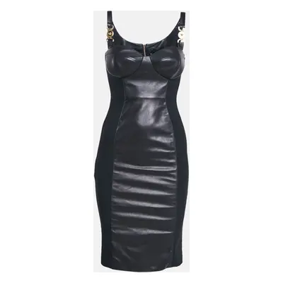 Versace Black Leather and Jersey Zip-Up Bodycon Mini Dress