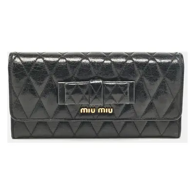 Miu Miu Black Glossy Leather Bow Flap Continental Wallet