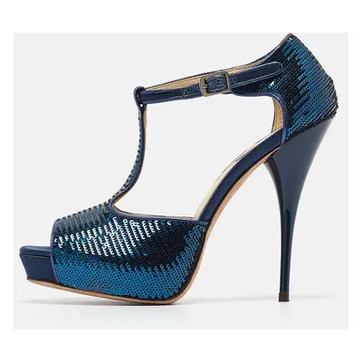 Roberto Cavalli Blue Sequins T-Strap Open Toe Platform Ankle Strap Sandals Size