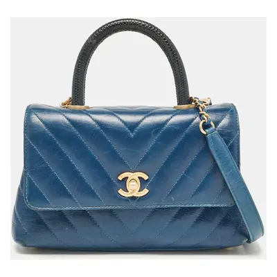 Chanel Blue Quilted Leather and Lizard Mini Coco Top Handle Bag