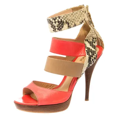 Fendi Tricolor Leather And Python Leather Ankle Strap Platform Sandals Size