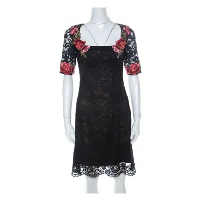 Marchesa Notte Black Lace Floral Applique Backless Short Dress