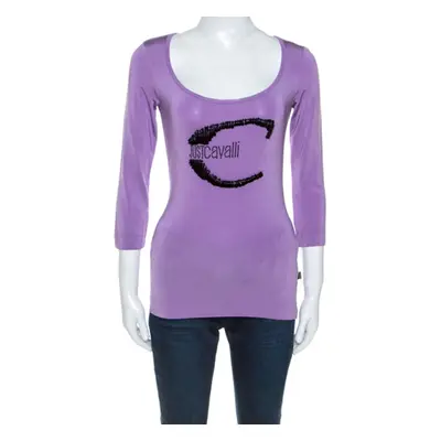 Roberto Cavalli Lilac Jersey Embellished Logo Scoop Neck Top