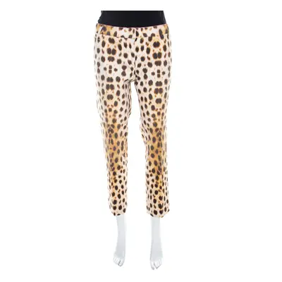 Roberto Cavalli Beige Leopard Print Cotton Tapered Ankle Grazer Trousers