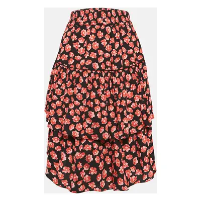 Ganni Black/Red Floral Print Lindale Crepe Tiered Short Skirt