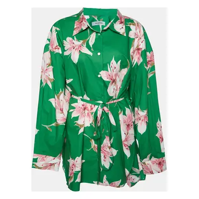 Valentino Green Floral Print Cotton Belted Shirt Dress