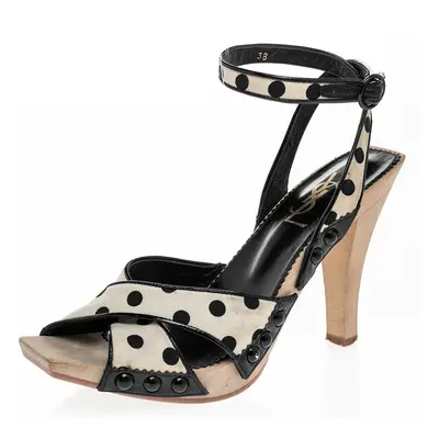 Saint Laurent Cream/Black Polka Dot Fabric And Patent Leather Slingback Sandals Size