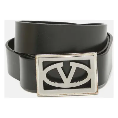 Valentino Black Leather Vlogo Square Buckle Reversible Belt