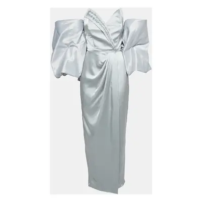 Manel Silver Grey Embellished Satin Off-Shoulder Baroque Rania Dress