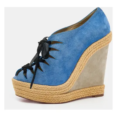 Christian Louboutin Blue/Grey Suede Lace Up Espadrille Platform Wedge Sandals Size