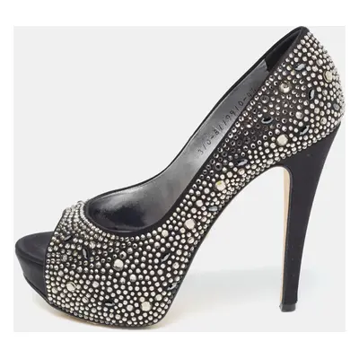 Gina Black Crystal Embellished Satin Platform Peep Toe Pumps Size 37.5