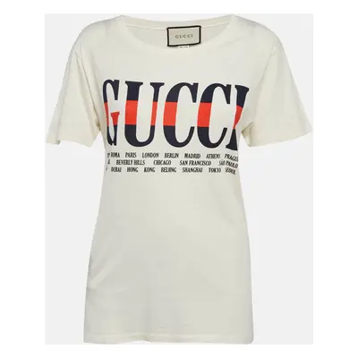 Gucci Cream Logo Print Cotton Jersey T-Shirt