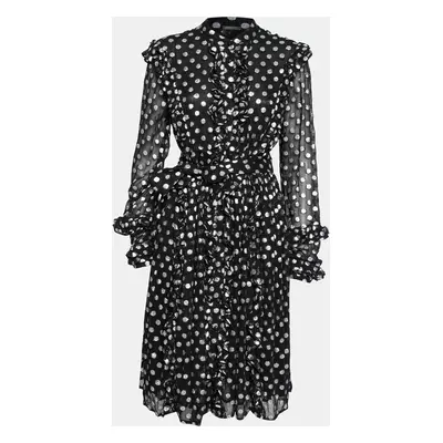 Dodo Baror Black & Silver Polka Dotted Chiffon Ruffle Trimmed Belted Dress