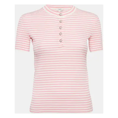 Chanel Pink/White Stripe Rib Knit Band Collar Top