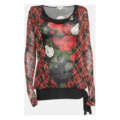 Kenzo Black/Red Checked Floral Print Silk Long Sleeve Top