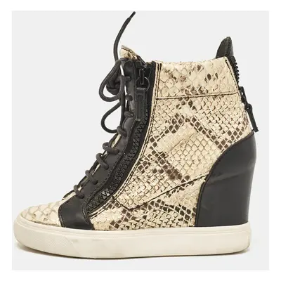 Giuseppe Zanotti Cream/Black Leather and Python Embossed Leather Coby Sneakers Size 36.5