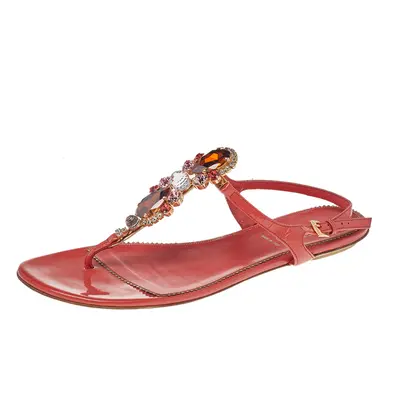 Loriblu Orange Patent Leather Crystal Embellished Ankle Strap Flat Sandals Size