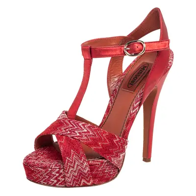 Missoni Red/White Knit Fabric and Leather T-Bar Platform Ankle-Strap Sandals Size