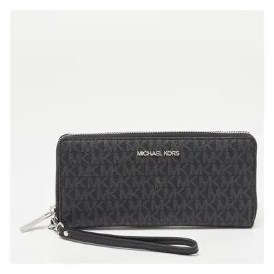 Michael Kors Black/Grey Signature Coated Canvas Zip Around Wallet