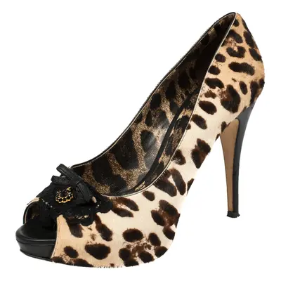 Dolce and Gabbana Leopard Print Pony Hair Peep Toe Platform Pumps Size 39.5