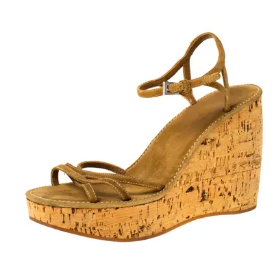 Prada Brown Criss Cross Suede Ankle Strap Cork Wedge Sandals Size