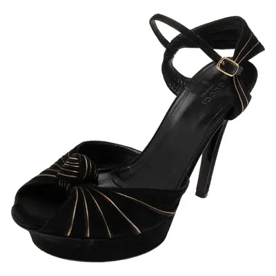 Gucci Black Suede Knot Detail Peep Toe Platform Sandals Size 38.5