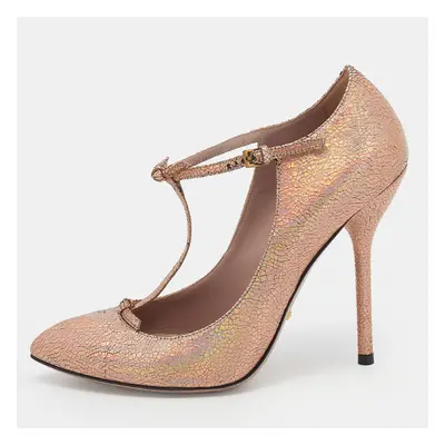 Gucci Metallic Holographic Crackled Leather Beverly T-Strap Pumps Size