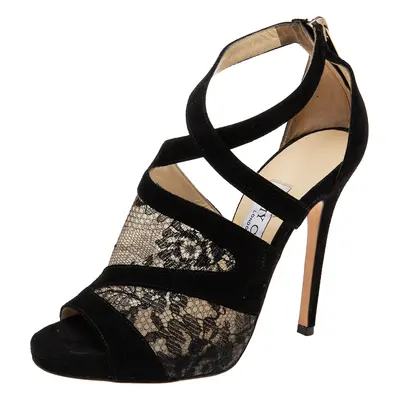 Jimmy Choo Black Lace and Suede Flyte Sandals Size 36.5